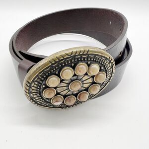 Sonoma Jean Co Brown Leather Belt Size M Agate Stones Brass Oval Buckle 35"